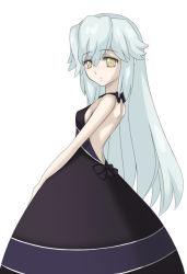 Rule 34 | 1girl, alternate costume, bare shoulders, black dress, bow, breasts, choker, dress, female focus, frown, katrina elesius, long hair, ribbon, sidelocks, simple background, small breasts, solo, syou (crecre), white background, white hair, wild arms, wild arms xf, yellow eyes