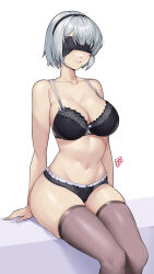 Rule 34 | 1girl, bare arms, bare shoulders, black bra, black hairband, black panties, blindfold, bra, breasts, cleavage, commentary, damobelmont, feet out of frame, grey hair, grey thighhighs, grin, hairband, highres, large breasts, mole, mole under mouth, navel, nier:automata, nier (series), panties, parted lips, simple background, sitting, skindentation, smile, solo, stomach, thighhighs, thighs, underwear, underwear only, white background, 2b (nier:automata)