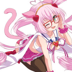 Rule 34 | 1girl, ;d, adjusting eyewear, ahoge, animal ears, ass, blush, boots, breasts, brown thighhighs, cat ears, cat girl, cat tail, cleavage, cleavage cutout, clothes lift, clothing cutout, crop top, fang, frilled skirt, frills, glasses, green eyes, hair between eyes, hair ornament, hand up, heart, heart ahoge, heart hair ornament, highres, long hair, looking at viewer, medium breasts, midriff, nyama, one eye closed, open mouth, panties, pink hair, pink panties, pink scrunchie, pink skirt, pleated skirt, red-framed eyewear, red footwear, ribbon, rosia (show by rock!!), scrunchie, seiza, shirt, shoe soles, show by rock!!, simple background, sitting, skirt, skirt lift, smile, solo, striped ribbon, tail, thighhighs, thighhighs under boots, twintails, underwear, very long hair, white background, white shirt, wrist scrunchie