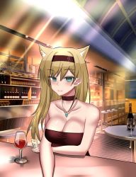 Rule 34 | 1girl, alternate costume, animal ears, arknights, bar (place), bare arms, bare shoulders, black choker, black hairband, blonde hair, blue eyes, blush, breasts, chinese commentary, choker, cleavage, collarbone, commentary request, cup, drinking glass, hairband, highres, horn (arknights), indoors, jewelry, large breasts, long hair, looking at viewer, pendant, solo, strapless, table, tube top, upper body, wine glass, wolf ears, zny1012