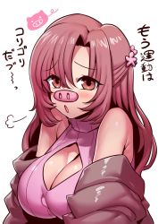 Rule 34 | 1girl, anezaki yukimi, bare shoulders, blush, breasts, brown eyes, brown hair, cleavage, cleavage cutout, clothing cutout, hair ornament, highres, large breasts, long hair, looking at viewer, open mouth, simple background, solo, tukiwani, virtual youtuber, white background, yukimi onee-channel