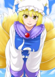 Rule 34 | 1girl, animal ears, animal hat, bent over, blonde hair, blue sky, breasts, cloud, day, dress, female focus, fox ears, fox tail, hat, large breasts, long sleeves, looking at viewer, mob cap, multiple tails, open mouth, mob cap, poronegi, short hair, sky, smile, solo, tabard, tail, tassel, touhou, white dress, wide sleeves, yakumo ran, yellow eyes