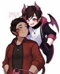 Rule 34 | 1boy, 1girl, :d, artist name, black jacket, blush, cropped torso, demon boy, demon horns, demon tail, demon wings, dracko (panqlao), fang, genderswap, genderswap (ftm), genderswap (mtf), highres, horns, jacket, jewelry, long sleeves, looking at another, necklace, open clothes, open mouth, open shirt, original, pan (panqlao), panqlao, pink eyes, pointy ears, red jacket, red shirt, shirt, short hair, simple background, smile, tail, white background, white shirt, wings