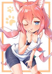 Rule 34 | 1girl, :p, ahoge, animal ear fluff, animal ears, bike shorts, black shorts, blue eyes, cat ears, choker, flat chest, hand on own thigh, hand to own mouth, highres, hinata channel, leaning forward, long hair, low twintails, nekomiya hinata, one eye closed, orange thighhighs, pink hair, shirt, shorts, solo, striped clothes, striped thighhighs, tank top, thighhighs, tongue, tongue out, tragobear, twintails, virtual youtuber, watch, white shirt, wristwatch