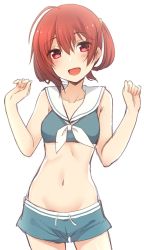 Rule 34 | 1girl, :d, bare arms, bare shoulders, blue shorts, blush, breasts, collarbone, commentary, copyright request, cowboy shot, crop top, drawing, english commentary, hair between eyes, hands up, nagami yuu, navel, one side up, open mouth, red eyes, red hair, sailor collar, short shorts, shorts, simple background, small breasts, smile, solo, white background, white sailor collar