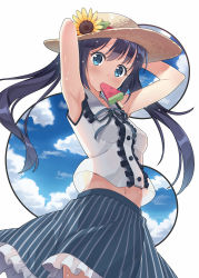 Rule 34 | 1girl, armpits, blue eyes, breasts, dress, food, fruit, hat, hyuuga azuri, long hair, looking at viewer, mouth hold, navel, original, popsicle, small breasts, solo, sun hat, twintails, watermelon