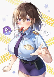 Rule 34 | 1girl, belt, black belt, blowing whistle, blue shirt, blue skirt, blush, breasts, brown hair, collared shirt, commentary request, hair between eyes, hawawa-chan (shiro kuma shake), highres, index finger raised, large breasts, looking at viewer, medium hair, miniskirt, necktie, original, police, police uniform, policewoman, purple eyes, shiro kuma shake, shirt, skirt, solo, standing, uniform, v-shaped eyebrows