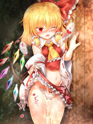 Rule 34 | 1girl, aftersex, ascot, bare shoulders, blonde hair, blush, bow, bow panties, breasts, bush, collar, collared shirt, cosplay, crystal, cum, cum in pussy, cumdrip, detached sleeves, eyes visible through hair, fang, flandre scarlet, frills, hair between eyes, hair bow, hair ornament, hair tubes, hakurei reimu, hakurei reimu (cosplay), hands up, heart, highres, japanese clothes, jewelry, long sleeves, looking to the side, marukyuu ameya, medium breasts, miko, miniskirt, multicolored wings, nail polish, navel, no headwear, one eye closed, open mouth, panties, ponytail, red bow, red eyes, red nails, red shirt, red skirt, shadow, shirt, short hair, skirt, solo, standing, stomach, sweat, tongue, touhou, underwear, wall, white panties, white sleeves, wide sleeves, wings, yellow ascot
