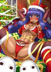 Rule 34 | &lt;o&gt; &lt;o&gt;, 1girl, alternate costume, animal ears, arms behind head, arms up, bad id, bad pixiv id, bikini, blue eyes, blue hair, blush, boots, breasts, christmas, christmas tree, dark-skinned female, dark skin, elbow gloves, facepaint, facial mark, fate/grand order, fate (series), fur trim, gift, gloves, hairband, highres, indoors, jackal ears, long hair, looking at viewer, medium breasts, medjed (fate), mouth hold, navel, nitocris (fate), red bikini, santa costume, shibata rai, shiny skin, sidelocks, spread legs, swimsuit, thighhighs, thighhighs under boots, toned, very long hair