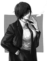 Rule 34 | 1girl, ajo cnsw, black hair, chainsaw man, cigarette, coat, collared shirt, eyepatch, formal, hand in pocket, himeno (chainsaw man), holding, holding cigarette, looking to the side, necktie, shirt, shirt tucked in, short hair, simple background, smile, smoke, solo, suit, white background, white shirt