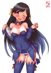 Rule 34 | 1girl, alternate costume, angel mort, artist logo, black hair, black leotard, black thighhighs, blush, breasts, commentary request, cosplay, dated, detached collar, detached sleeves, highres, higurashi no naku koro ni, i-400 (kancolle), kanon (kurogane knights), kantai collection, leotard, long hair, looking at viewer, name connection, one-piece tan, one eye closed, open mouth, purple eyes, simple background, small breasts, smile, solo, sonozaki shion, sonozaki shion (cosplay), strapless, strapless leotard, tan, tanline, thighhighs, tray, waitress, white background