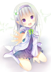 Rule 34 | 1girl, :d, aged down, arm support, arm up, bad id, bad pixiv id, between legs, blunt bangs, blush, boots, capelet, child, dot nose, dress, emilia (re:zero), flower, foreshortening, frilled dress, frills, green ribbon, hair flower, hair ornament, hairband, hand between legs, knee boots, long hair, long sleeves, looking at viewer, neck ribbon, open hand, open mouth, outstretched arm, outstretched hand, pointy ears, purple dress, purple eyes, purple hairband, re:zero kara hajimeru isekai seikatsu, reaching, ribbon, round teeth, shiiba nae, silver hair, sitting, smile, solo, straight hair, teeth, upper teeth only, wariza, white background, white capelet, white footwear
