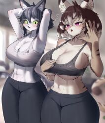 Rule 34 | 2girls, ^^^, afterimage, ahoge, animal ear fluff, animal ears, animal nose, antenna hair, armpits, arms behind head, arms up, artist name, bare shoulders, black hair, black leggings, black sports bra, blue eyes, blurry, blurry background, blush, body fur, breasts, brown fur, brown hair, cat ears, cat girl, cat tail, cleavage, collarbone, colored sclera, colored tips, commission, constricted pupils, cowboy shot, depth of field, facial mark, fangs, fanning self, female focus, flying sweatdrops, furry, furry female, glasses, green sclera, grey fur, grey hair, grey sports bra, half-closed eyes, highres, hot, huge breasts, indoors, large breasts, leggings, looking at another, multicolored fur, multicolored hair, multiple girls, navel, omeki, open mouth, original, purple eyes, raised eyebrows, rimless eyewear, round eyewear, short hair, sidelocks, signature, snout, sports bra, sportswear, standing, stomach, streaked hair, striped fur, sweat, tail, teeth, thick thighs, thighs, tongue, tongue out, two-tone hair, underboob, whisker markings, whiskers, white fur, white hair, wide hips, yellow fur