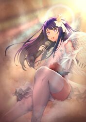 Rule 34 | 1girl, absurdres, angel wings, belt, black belt, blood, blood from mouth, blood on clothes, boots, closed mouth, cloud, commentary, dress, english commentary, frilled dress, frilled gloves, frills, gloves, hair ornament, halo, heart, highres, holding, holding microphone, hoshino ai (oshi no ko), idol, karikarisuru, long hair, microphone, oshi no ko, purple eyes, purple hair, rabbit hair ornament, reaching, reaching towards viewer, solo, spoilers, star-shaped pupils, star (symbol), symbol-shaped pupils, thigh boots, thighs, turtleneck, turtleneck dress, variant set, white dress, white footwear, white gloves, wings
