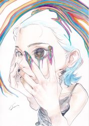 Rule 34 | 1girl, black nails, blue hair, brown eyes, camisole, dripping, from above, grey camisole, hands on own face, highres, katou souichirou, looking at viewer, nail polish, original, rainbow order, short hair, signature, solo, surreal, white background