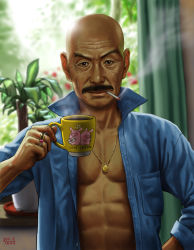 Rule 34 | 1boy, abs, bald, cigarette, cup, facial hair, jewelry, male focus, matataku, mustache, necklace, open clothes, original, pig, plant, ring, solo, wrinkled skin