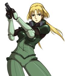 Rule 34 | 1girl, armor, bad id, bad pixiv id, blonde hair, blue gender, bodysuit, breasts, contrapposto, covered navel, gauntlets, gloves, green eyes, gun, gus (clarkii), handgun, looking at viewer, marlene angel, parted lips, pistol, ponytail, simple background, solo, standing, twintails, weapon, white background