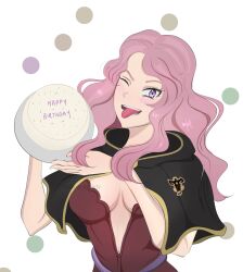 Rule 34 | 1girl, birthday cake, black clover, breasts, cake, cleavage, food, happy birthday, large breasts, long hair, looking at viewer, one eye closed, pink hair, purple eyes, smile, solo, tongue, tongue out, vanessa enoteca