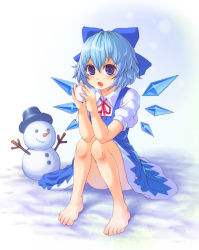 Rule 34 | 1girl, barefoot, blue eyes, blue hair, cirno, embodiment of scarlet devil, feet, female focus, full body, gradient background, highres, matching hair/eyes, ribbon, snowball, snowman, solo, touhou, w.f, winter