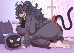 Rule 34 | 1girl, @ @, alternate breast size, animal ear fluff, animal ears, artist name, ass, barefoot, bed sheet, breasts, cat ears, cat tail, collar, creatures (company), dress, fake animal ears, fake tail, feet, from behind, full body, game freak, gastly, gen 1 pokemon, gengar, hair between eyes, hex maniac (pokemon), highres, indoors, kneeling, large breasts, lemonbizate, long dress, long hair, long sleeves, looking at viewer, messy hair, nintendo, open mouth, paw pose, pokemon, pokemon xy, ponytail, purple dress, purple eyes, purple hair, smile, soles, solo, stuffed toy, sweat, sweater, tail, toes, turtleneck, turtleneck sweater, window