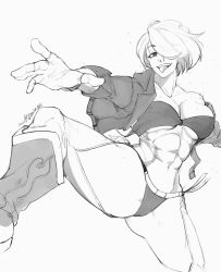 Rule 34 | abs, angel (kof), boots, bra, breasts, chaps, cowboy boots, cropped jacket, fingerless gloves, gloves, greyscale, hair over one eye, highres, jacket, large breasts, leather, leather jacket, makdraw25, monochrome, muscular, muscular female, sketch, snk, solo, strapless, strapless bra, the king of fighters, the king of fighters xiv, the king of fighters xv, toned, underwear, white hair