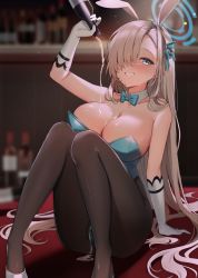 Rule 34 | 1girl, absurdres, alcohol, animal ears, arm support, arm up, asuna (blue archive), asuna (bunny) (blue archive), bare shoulders, black pantyhose, blue archive, blue bow, blue bowtie, blue eyes, blue leotard, blurry, blurry background, blush, bottle, bow, bowtie, breasts, cleavage, collar, commentary, detached collar, drink, elbow gloves, fake animal ears, feet out of frame, gloves, grin, hair over one eye, halo, high heels, highleg, highleg leotard, highres, holding, holding bottle, indoors, knees together feet apart, large breasts, leotard, light brown hair, long hair, looking at viewer, official alternate costume, one eye covered, pantyhose, playboy bunny, pouring, pouring onto self, rabbit ears, ropu (ropu 10), sidelocks, sitting, smile, solo, spill, strapless, strapless leotard, swept bangs, very long hair, wet, white collar, white footwear, white gloves