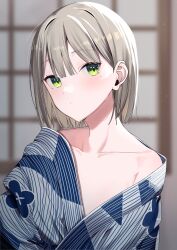 Rule 34 | 1girl, blonde hair, blue kimono, blurry, blurry background, blush, closed mouth, commentary, english commentary, floral print, highres, japanese clothes, kimono, looking at viewer, mole, mole under eye, motto notto, original, short hair, solo, striped clothes, striped kimono, upper body, yellow eyes