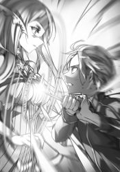 Rule 34 | 1boy, 1girl, administrator (sao), breasts, bunbun, clenched teeth, dress, eugeo, eye contact, from side, greyscale, highres, holding, holding knife, knife, looking at another, medium breasts, monochrome, novel illustration, official art, open mouth, quinella, sleeveless, sleeveless dress, sword art online, sword art online: alicization, teeth, upper body