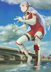 Rule 34 | 1girl, absurdres, animal ears, bodysuit, boots, breasts, cosplay, dress, giant, giantess, gold ship (umamusume), high heel boots, high heels, highres, horse ears, horse girl, large breasts, long hair, meme, pantyhose, purple eyes, red dress, silver hair, smile, solo, tokusatsu, tomato salad (picfile), ultra series, ultraman, ultraman (1st series), ultraman (cosplay), umamusume, very long hair, white footwear