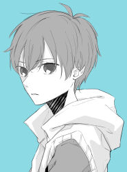 Rule 34 | 1boy, absurdres, amamiya hibiya, child, commentary, from side, greyscale with colored background, hair between eyes, highres, hood, hood down, hooded jacket, jacket, kagerou project, light blue background, looking at viewer, looking to the side, open clothes, open jacket, parted lips, saitou shiori (pixiv14549321), shirt, short hair, simple background, sleeveless, sleeveless jacket, solo, upper body