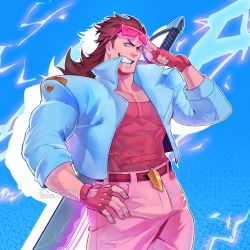 Rule 34 | 1boy, abs, absurdres, adjusting eyewear, artist name, bara, biceps, blue eyes, brown hair, collared jacket, demacia vice garen, electricity, fingerless gloves, garen (league of legends), glasses, gloves, hand on eyewear, hand on own hip, highres, jacket, league of legends, leather, leather belt, long hair, looking at viewer, male focus, manly, mature male, muscular, muscular male, pants, pectoral cleavage, pectorals, punbun 4fun, shirt, smile, solo, spiked hair, sunglasses, sword, t-shirt, teeth, thick arms, tight clothes, weapon, weapon on back
