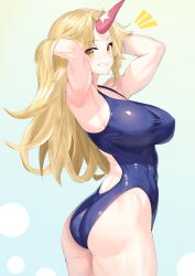 Rule 34 | 1girl, alternate costume, blonde hair, blue one-piece swimsuit, blush, breasts, competition swimsuit, highleg, highleg swimsuit, highres, horns, hoshiguma yuugi, kurapi pref, large breasts, long hair, looking at viewer, muscular, muscular female, one-piece swimsuit, oni, red eyes, simple background, single horn, smile, solo, standing, swimsuit, touhou