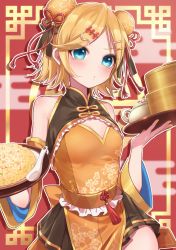 Rule 34 | 1girl, aqua eyes, bamboo steamer, bell, black skirt, blonde hair, blush, china dress, chinese clothes, chinese spoon, commentary, double bun, dress, egasumi, floral print, food, fried rice, gold trim, hair bun, hair ornament, hair ribbon, hairclip, highres, holding, holding tray, kagamine rin, looking at viewer, miniskirt, nail polish, orange dress, parted lips, pleated skirt, red background, ribbon, short hair, skirt, solo, soramame pikuto, spoon, swept bangs, teapot, tray, upper body, vocaloid, yellow nails