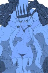 Rule 34 | 1girl, abyssal ship, arms up, blue theme, breasts, c-string, claws, closed mouth, extra hands, hair censor, hat, highres, kantai collection, large breasts, long hair, looking at viewer, monochrome, northern water princess, oso (toolate), scar, scar on face, simple background, solo, strapless bottom, thighhighs, very long hair
