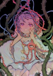 Rule 34 | 1girl, blue shirt, crying, crying with eyes open, frilled sleeves, frills, hair ornament, hairband, heart, heart hair ornament, highres, komeiji satori, long sleeves, looking at viewer, pink skirt, plant, shirt, short hair, skirt, solo, tears, third eye, thorns, touhou, vines, wide sleeves, yamazaki tsukune