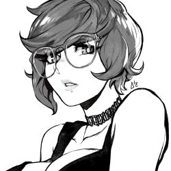 Rule 34 | 1girl, absurdres, aurahack, breasts, choker, glasses, greyscale, highres, large breasts, makeup, mascara, monochrome, parted lips, real life, self-portrait, short hair, signature, solo, tank top, upper body