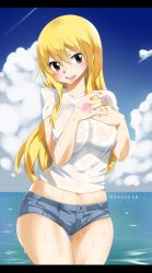 Rule 34 | 1girl, absurdres, blonde hair, blush, breasts, brown eyes, cloud, fairy tail, gaston18, highres, large breasts, long hair, lucy heartfilia, no bra, shirt, short shorts, shorts, tagme, wet, wet clothes, wet shirt