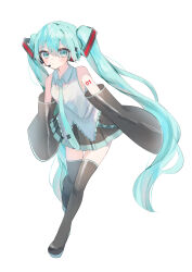 Rule 34 | 1girl, absurdres, aqua eyes, aqua hair, aqua necktie, black footwear, black skirt, boots, closed mouth, detached sleeves, full body, hatsune miku, headset, highres, long hair, looking at viewer, nahoshi (sevenstar744), necktie, number tattoo, pleated skirt, shirt, simple background, skirt, solo, tattoo, thigh boots, twintails, very long hair, vocaloid, white background, white shirt