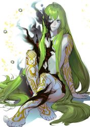 Rule 34 | 1boy, androgynous, arm support, enkidu (fate), fate/strange fake, fate (series), green hair, long hair, male focus, nigorokke, nude, simple background, sitting, smile, solo, tattoo, white background