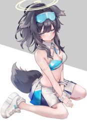 Rule 34 | 1girl, animal ears, black eyes, black hair, blue archive, breasts, cleavage, closed mouth, dog ears, dog tail, enomoto nao, full body, goggles, goggles on head, grey background, halo, hibiki (blue archive), hibiki (cheer squad) (blue archive), highres, long hair, looking at viewer, medium breasts, millennium cheerleader outfit (blue archive), navel, sidelocks, sitting, solo, tail, tattoo, two-tone background, wariza, white background, white footwear