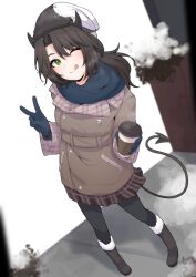 Rule 34 | 1girl, ;q, absurdres, beanie, black footwear, black hair, black hat, black horns, black pantyhose, blue gloves, blue scarf, boots, brown coat, coat, coffee cup, cup, demon girl, demon horns, disposable cup, fur-trimmed boots, fur trim, gloves, hat, highres, horns, indie virtual youtuber, long hair, one eye closed, pantyhose, scarf, solo, steam, tongue, tongue out, two-tone headwear, unethical (vtuber), v, valefal coneri, virtual youtuber, white hat