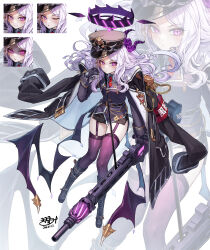 Rule 34 | 1girl, absurdres, black coat, black footwear, black gloves, black headwear, black horns, black thighhighs, blue archive, blush, boots, coat, coat on shoulders, commentary request, cross-laced footwear, dated, demon horns, demon wings, expressions, garter straps, gloves, gun, halo, hat, highres, hina (blue archive), holding, holding gun, holding weapon, horns, jacket, knee boots, kokukyukeo, lace-up boots, long hair, long sleeves, looking at viewer, military uniform, miniskirt, multiple views, open clothes, open jacket, parted lips, peaked cap, purple eyes, purple hair, purple thighhighs, skirt, thighhighs, uniform, very long hair, weapon, white hair, wings, zoom layer