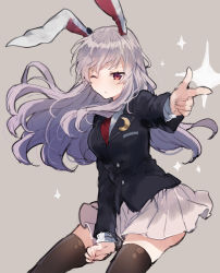 Rule 34 | 1girl, animal ears, black jacket, blazer, breasts, brown thighhighs, buttons, cowboy shot, finger gun, floating hair, grey background, ikeuchi tanuma, jacket, long hair, long sleeves, looking at viewer, medium breasts, miniskirt, one eye closed, parted lips, pleated skirt, rabbit ears, red eyes, red neckwear, reisen udongein inaba, school uniform, shirt, silver hair, skirt, solo, sparkle, thighhighs, touhou, undershirt, white shirt, white skirt, wing collar, zettai ryouiki