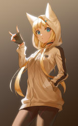 Rule 34 | 1girl, absurdres, animal ears, black choker, black leggings, blonde hair, blue eyes, brown background, choker, collarbone, commentary request, cowboy shot, eyelashes, film grain, fox ears, fox girl, fox shadow puppet, gradient background, grey background, hand in pocket, hand up, highres, hood, hood up, hoodie, kemono jihen, kon (kemono jihen), leggings, long hair, looking at viewer, low twintails, moon (restire), sidelighting, simple background, solo, striped clothes, striped hoodie, twintails, two-tone background, white hoodie, zipper, zipper pull tab