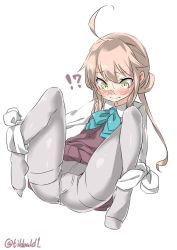 Rule 34 | !?, 10s, 1girl, ahoge, bad id, bad twitter id, blue bow, blue bowtie, blush, bound, bound arms, bow, bowtie, closed mouth, collared shirt, crotch seam, dress, ebifurya, eyebrows, full body, glasses, grey pantyhose, gusset, hair bun, highres, inactive account, kantai collection, knees up, long hair, makigumo (kancolle), no shoes, pantyhose, pink dress, pink hair, shirt, sidelocks, simple background, single hair bun, sitting, sleeveless, sleeveless dress, sleeves past wrists, solo, spread legs, sweat, tears, tied sleeves, tied up, twitter username, white background, white shirt, yellow eyes