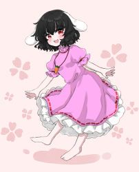 Rule 34 | 1girl, animal ears, barefoot, black hair, blush, carrot necklace, clover, commentary request, dress, floppy ears, four-leaf clover, frilled dress, frilled sleeves, frills, full body, hair between eyes, highres, inaba tewi, jewelry, koharu66353343, looking at viewer, necklace, open mouth, pink dress, puffy short sleeves, puffy sleeves, rabbit ears, rabbit girl, rabbit tail, red eyes, ribbon-trimmed dress, short hair, short sleeves, smile, solo, tail, touhou, wavy hair