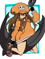 Rule 34 | 1girl, absurdres, anchor, backpack, bag, bike shorts, black gloves, black shorts, brown eyes, brown hair, cabbie hat, fingerless gloves, full body, gloves, guilty gear, guilty gear strive, hair between eyes, hat, highres, hikuihana, jacket, long hair, long sleeves, looking at viewer, may (guilty gear), orange hat, orange jacket, short shorts, shorts, simple background, sitting, sitting on object, skull and crossbones, smile, solo