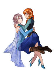 Rule 34 | 2girls, absurdres, anna (frozen), blonde hair, blush, couple, elsa (frozen), eye contact, frozen (disney), hands on shoulders, high heels, highres, hug, incest, looking at another, m yin, multiple girls, orange hair, siblings, simple background, sisters, sitting, sitting on lap, sitting on person, smirk, straddling, white background, yuri