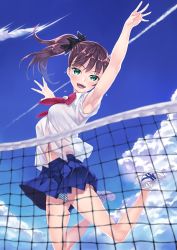 Rule 34 | 1girl, armpits, arms up, black ribbon, brown hair, cloud, day, green eyes, highres, jumping, matsuryuu, panties, playing sports, pleated skirt, ponytail, ribbon, school uniform, see-through, shoes, side ponytail, skirt, sky, sneakers, solo, striped clothes, striped panties, sweat, thighs, underwear, volleyball, volleyball net