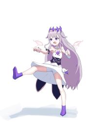 Rule 34 | 1girl, angelchama, bike shorts, bike shorts under skirt, chest jewel, corset, crown, detached collar, dress, fairy wings, female focus, gem, hair flaps, highres, hololive, hololive english, kicking, koseki bijou, koseki bijou (1st costume), long hair, open mouth, purple eyes, purple hair, simple background, solo, upskirt, very long hair, virtual youtuber, white background, white dress, wings